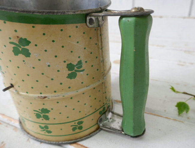 ミントグリーン×クリーム リーフ柄 木製ハンドル 1930~40's ヴィンテージ 粉ふるい シフター フラワーシフター キッチンツール USA