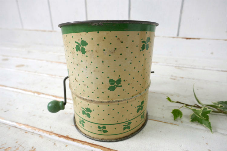 ミントグリーン×クリーム リーフ柄 木製ハンドル 1930~40's ヴィンテージ 粉ふるい シフター フラワーシフター キッチンツール USA