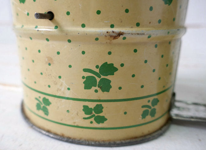 ミントグリーン×クリーム リーフ柄 木製ハンドル 1930~40's ヴィンテージ 粉ふるい シフター フラワーシフター キッチンツール USA