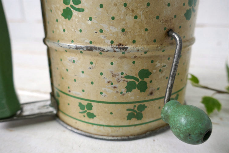 ミントグリーン×クリーム リーフ柄 木製ハンドル 1930~40's ヴィンテージ 粉ふるい シフター フラワーシフター キッチンツール USA