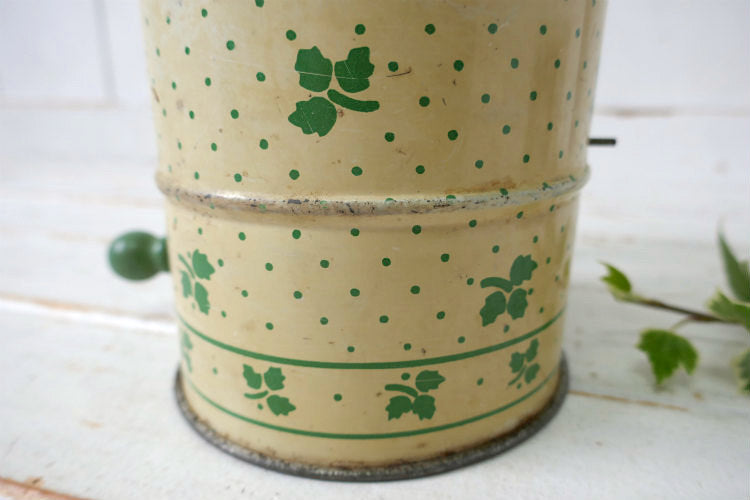 ミントグリーン×クリーム リーフ柄 木製ハンドル 1930~40's ヴィンテージ 粉ふるい シフター フラワーシフター キッチンツール USA