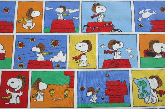 SNOOPY スヌーピー フライングエース ウッドストック 12パターン パネル柄 ヴィンテージ USEDフラットシーツ(1/4) ファブリック 生地