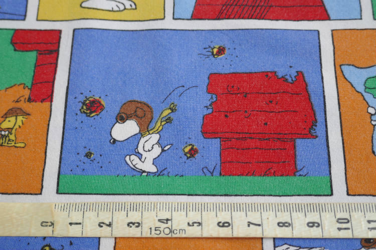 SNOOPY スヌーピー フライングエース ウッドストック 12パターン パネル柄 ヴィンテージ USEDフラットシーツ(1/4) ファブリック 生地