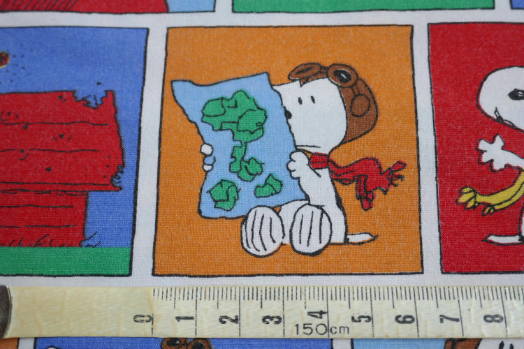 SNOOPY スヌーピー フライングエース ウッドストック 12パターン パネル柄 ヴィンテージ USEDフラットシーツ(1/4) ファブリック 生地