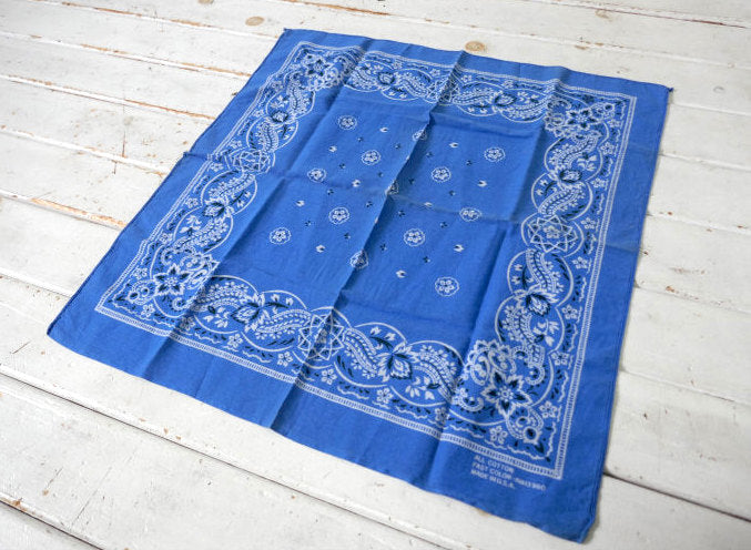 ペイズリー フローラル サックスブルー FAST COLOR RN13960 コットン 60〜70's ヴィンテージ バンダナ ハンカチ USA