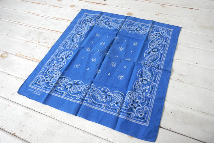 ペイズリー フローラル サックスブルー FAST COLOR RN13960 コットン 60〜70's ヴィンテージ バンダナ ハンカチ USA