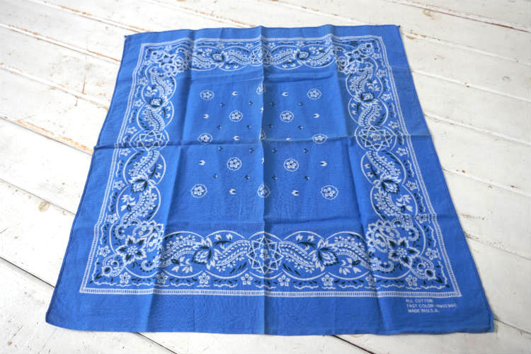 ペイズリー フローラル サックスブルー FAST COLOR RN13960 コットン 60〜70's ヴィンテージ バンダナ ハンカチ USA