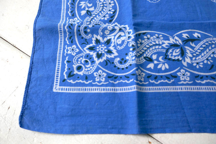 ペイズリー フローラル サックスブルー FAST COLOR RN13960 コットン 60〜70's ヴィンテージ バンダナ ハンカチ USA
