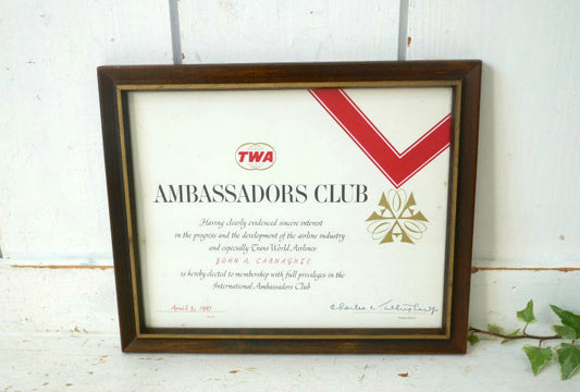TWA トランスワールド航空 アンバサダークラブ 航空会社 木製フレーム入り 1967年 ヴィンテージ 会員証 USA