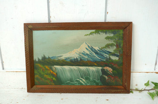 雪山 滝 針葉樹林 ハンドペイント 木製フレーム入り ヴィンテージ 油絵 風景画 アート USA