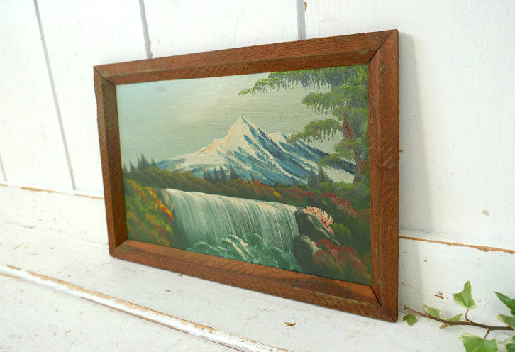 雪山 滝 針葉樹林 ハンドペイント 木製フレーム入り ヴィンテージ 油絵 風景画 アート USA