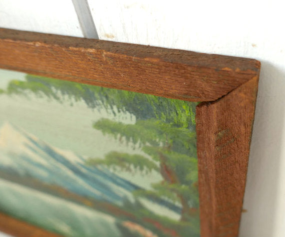 雪山 滝 針葉樹林 ハンドペイント 木製フレーム入り ヴィンテージ 油絵 風景画 アート USA