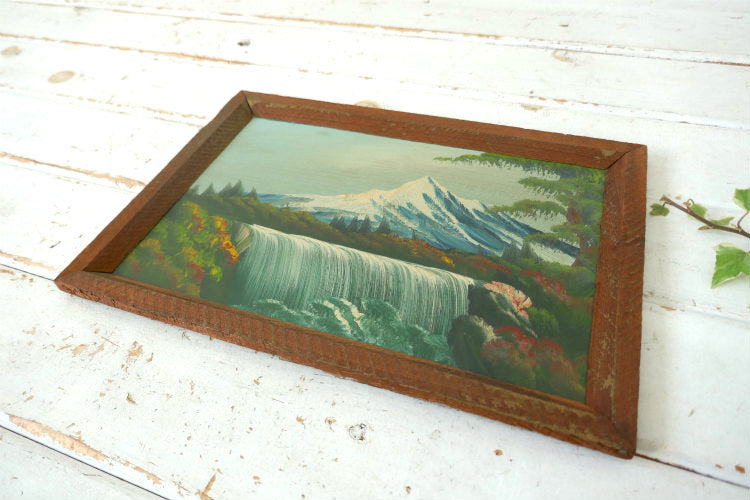 雪山 滝 針葉樹林 ハンドペイント 木製フレーム入り ヴィンテージ 油絵 風景画 アート USA
