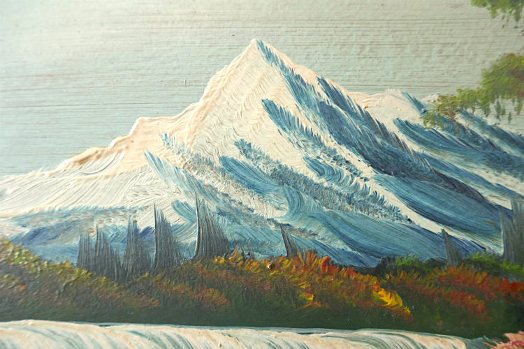 雪山 滝 針葉樹林 ハンドペイント 木製フレーム入り ヴィンテージ 油絵 風景画 アート USA