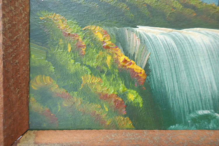 雪山 滝 針葉樹林 ハンドペイント 木製フレーム入り ヴィンテージ 油絵 風景画 アート USA