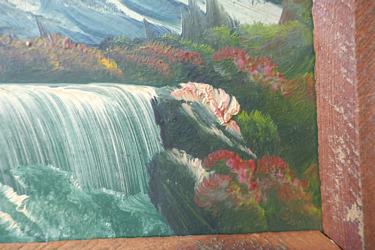 雪山 滝 針葉樹林 ハンドペイント 木製フレーム入り ヴィンテージ 油絵 風景画 アート USA