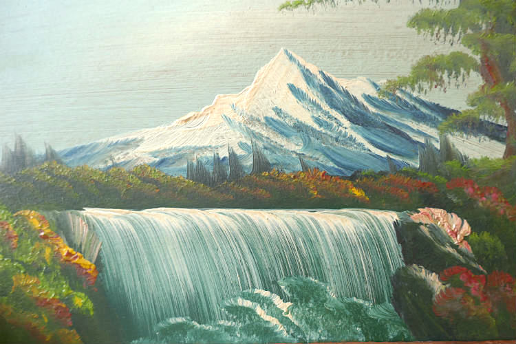雪山 滝 針葉樹林 ハンドペイント 木製フレーム入り ヴィンテージ 油絵 風景画 アート USA