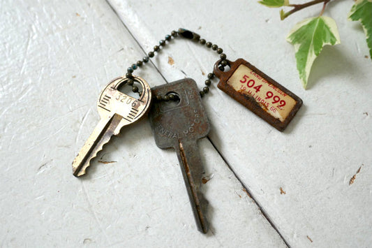 GM ゼネラルモーターズ 1966's イリノイ州 ナンバープレート型 ヴィンテージ キーホルダー 古鍵 2本付き アメ車 USA