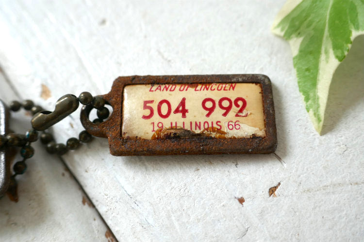 GM ゼネラルモーターズ 1966's イリノイ州 ナンバープレート型 ヴィンテージ キーホルダー 古鍵 2本付き アメ車 USA