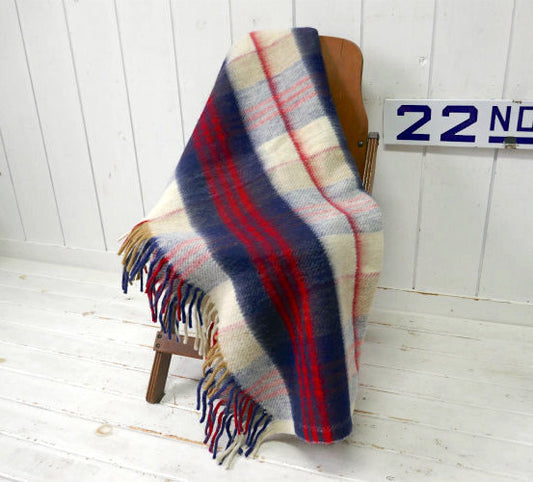 レトロ チェック柄 レッド×ブルー×クリーム フリンジ付き ヴィンテージ ブランケット ひざ掛け キャンプ アウトドア USA