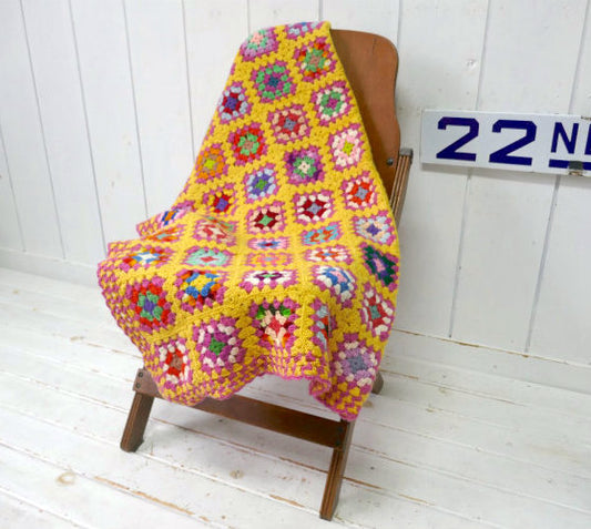 カラフルポップ レトロ ハンドメイド モチーフ編み スクエア型 ヴィンテージ ニット ブランケット グラニーブランケット USA