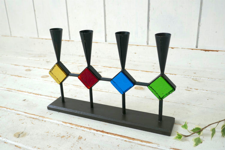 Bo Svensk スウェーデン カラーガラス アイアン製 木製 ミッドセンチュリー 60's ヴィンテージ キャンドルホルダー スタンド ロウソク立て