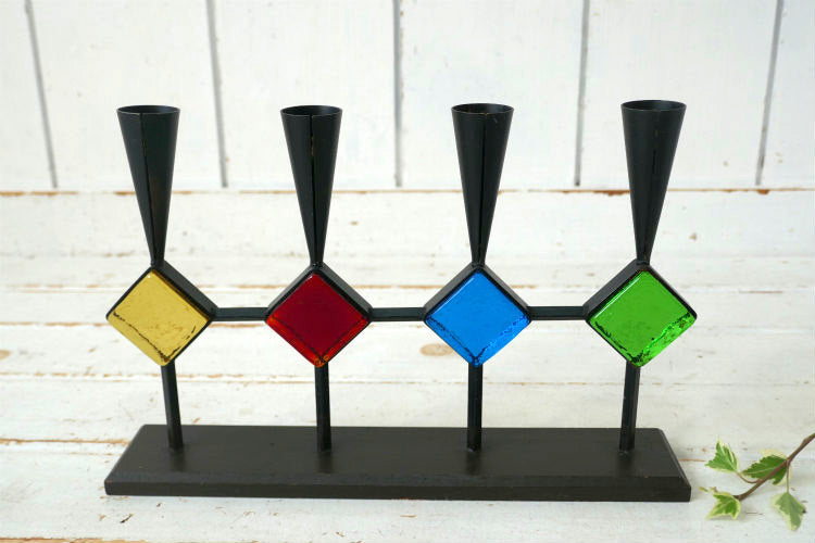 Bo Svensk スウェーデン カラーガラス アイアン製 木製 ミッドセンチュリー 60's ヴィンテージ キャンドルホルダー スタンド ロウソク立て