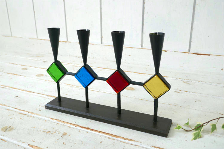 Bo Svensk スウェーデン カラーガラス アイアン製 木製 ミッドセンチュリー 60's ヴィンテージ キャンドルホルダー スタンド ロウソク立て