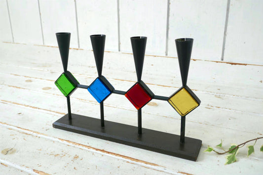 Bo Svensk スウェーデン カラーガラス アイアン製 木製 ミッドセンチュリー 60's ヴィンテージ キャンドルホルダー スタンド ロウソク立て