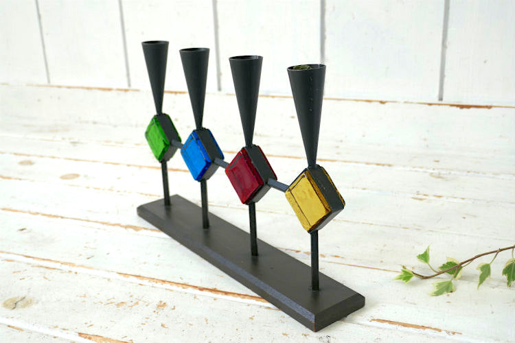 Bo Svensk スウェーデン カラーガラス アイアン製 木製 ミッドセンチュリー 60's ヴィンテージ キャンドルホルダー スタンド ロウソク立て