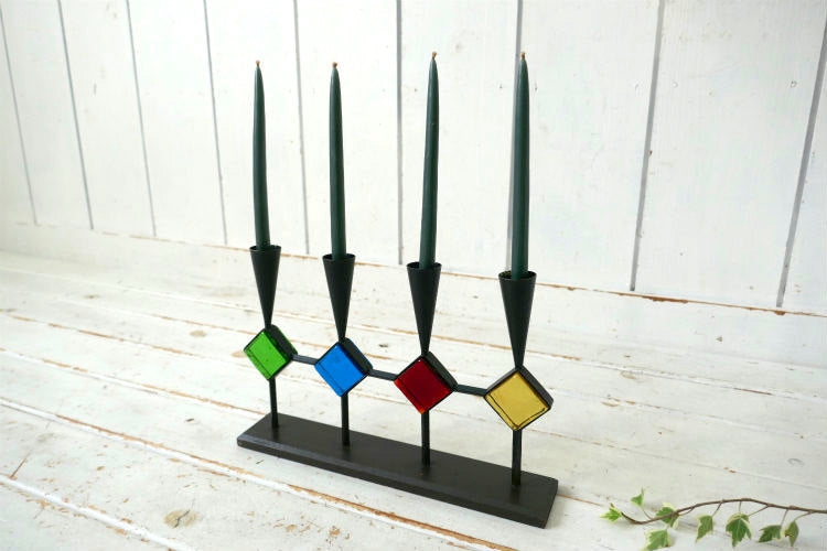 Bo Svensk スウェーデン カラーガラス アイアン製 木製 ミッドセンチュリー 60's ヴィンテージ キャンドルホルダー スタンド ロウソク立て