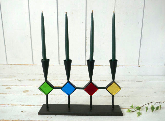 Bo Svensk スウェーデン カラーガラス アイアン製 木製 ミッドセンチュリー 60's ヴィンテージ キャンドルホルダー スタンド ロウソク立て