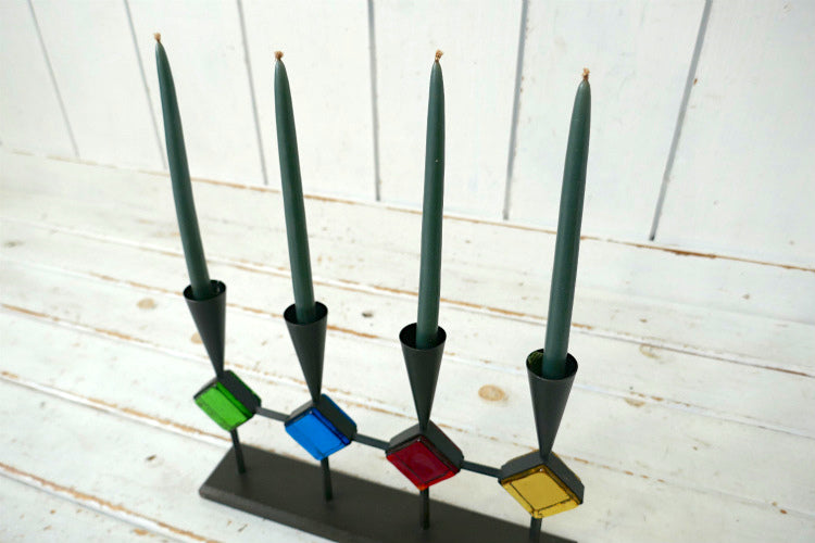 Bo Svensk スウェーデン カラーガラス アイアン製 木製 ミッドセンチュリー 60's ヴィンテージ キャンドルホルダー スタンド ロウソク立て