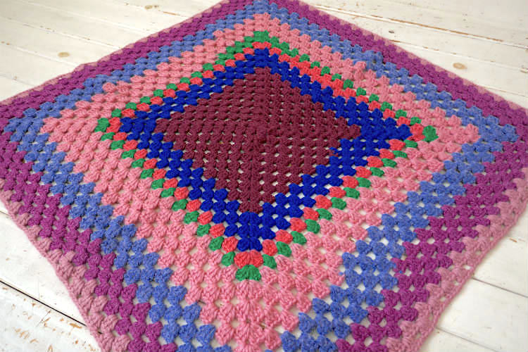 レトロ 手編みニット 8色 スクエア型 ヴィンテージ ブランケット ひざ掛け キャンプ アウトドアUSA