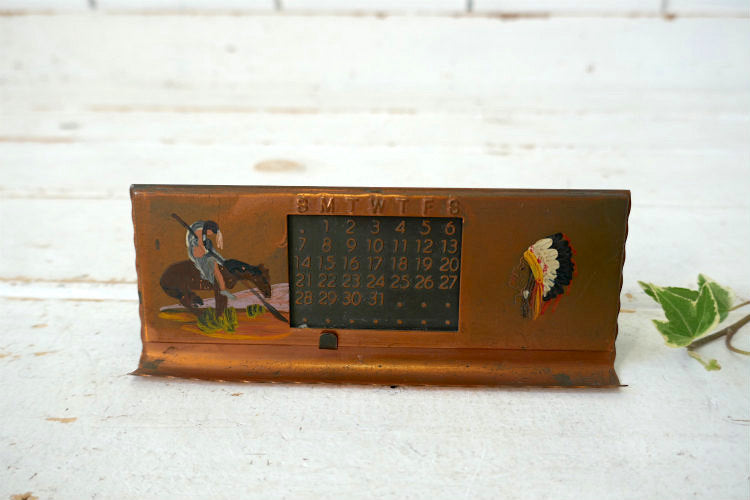 ネイティブアメリカン 酋長 インディアン コッパー製 50's ヴィンテージ デスクカレンダー 卓上カレンダー スーベニア品 USA
