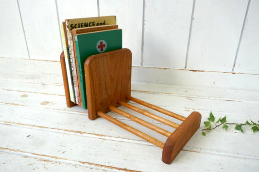 ミッドセンチュリー 木製 無垢 仕切りスライド式 ヴィンテージ ブックスタンド 本立て ブックエンド USA