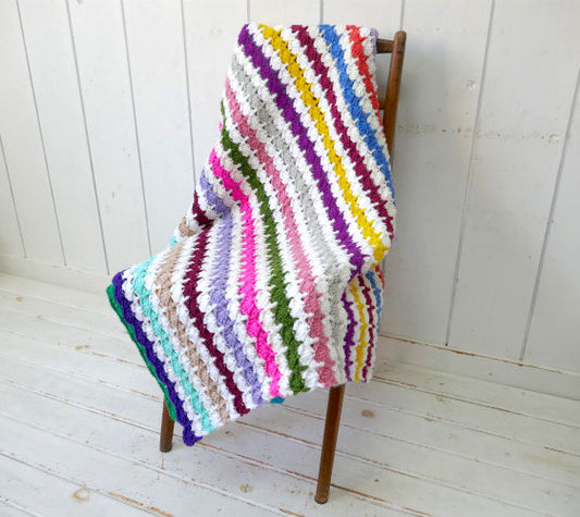 レトロポップ カラフル ボーダー柄 手編みニット ヴィンテージ ブランケット グラニーブランケット ひざ掛け USA
