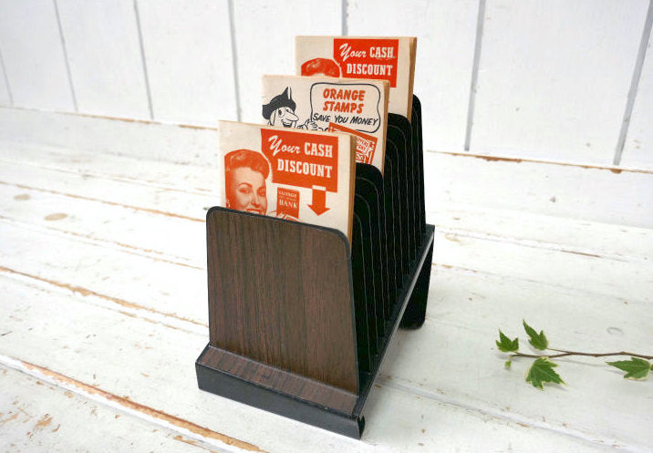 HUNTLIT-NING ウッド柄 メタル製 インダストリアル 10列 ヴィンテージ 書類スタンド ファイルスタンド カードホルダー USA