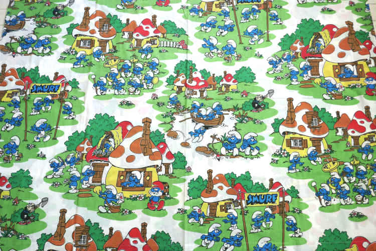 スマーフ SMURF グリーンビレッジ柄 80's ヴィンテージ ユーズドシーツ (1/2) USA