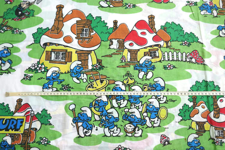スマーフ SMURF グリーンビレッジ柄 80's ヴィンテージ ユーズドシーツ (1/2) USA