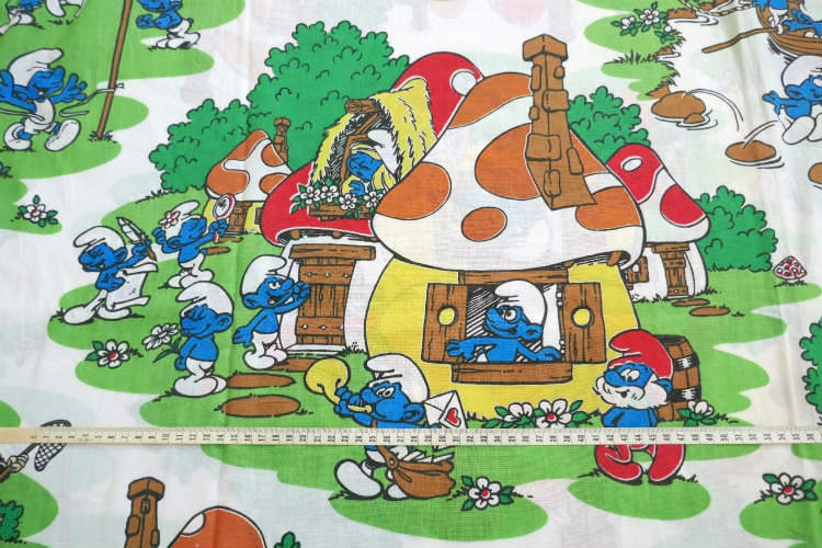 スマーフ SMURF グリーンビレッジ柄 80's ヴィンテージ ユーズドシーツ (1/2) USA