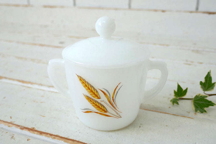 FireKing ファイヤーキング Wheat ウィート 小麦柄 ミルクガラス ヴィンテージ シュガーポット 砂糖入れ USA