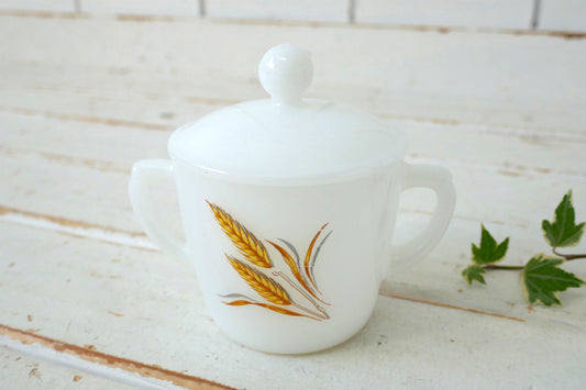 FireKing ファイヤーキング Wheat ウィート 小麦柄 ミルクガラス ヴィンテージ シュガーポット 砂糖入れ USA