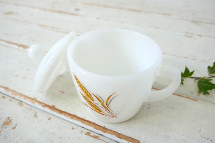 FireKing ファイヤーキング Wheat ウィート 小麦柄 ミルクガラス ヴィンテージ シュガーポット 砂糖入れ USA