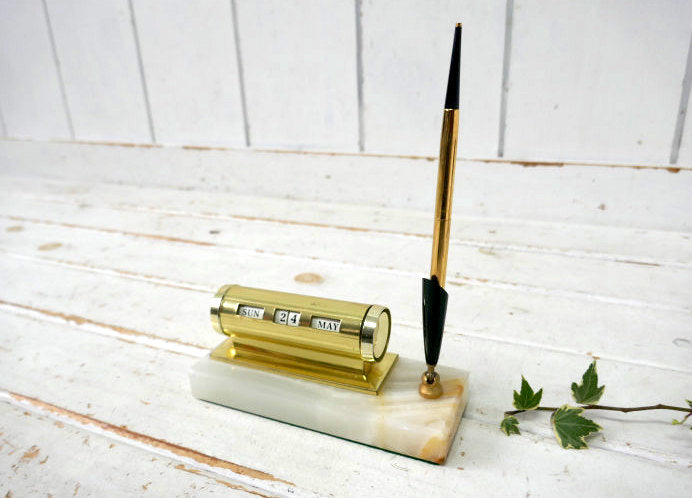 デスクカレンダー 大理石 ゴールドトーン ペンホルダー付き ヴィンテージ  卓上カレンダー USA ミッドセンチュリー