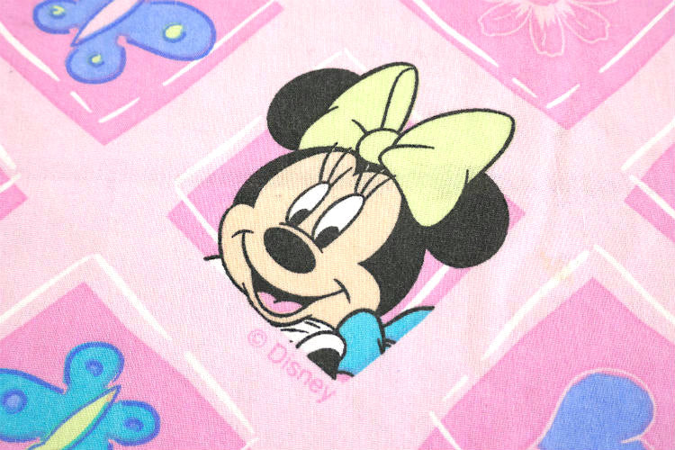Disney ミニーマウス 蝶々 ハート フラワー ピンク パネル柄 ヴィンテージ ユーズドシーツ(フラットタイプ) USA