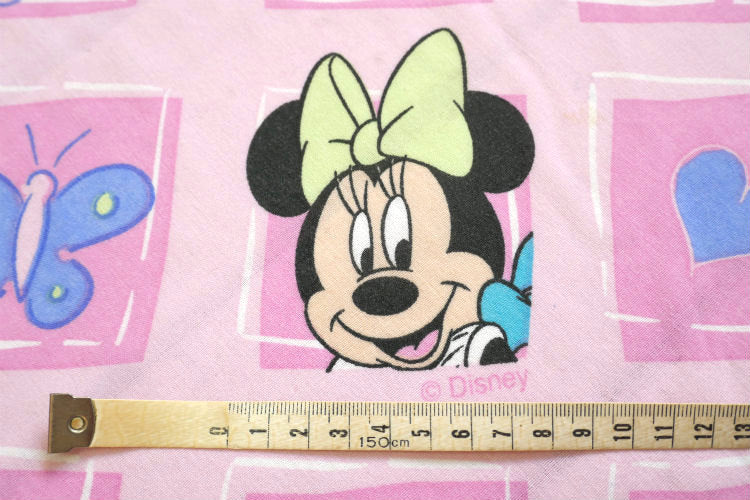 Disney ミニーマウス 蝶々 ハート フラワー ピンク パネル柄 ヴィンテージ ユーズドシーツ(フラットタイプ) USA