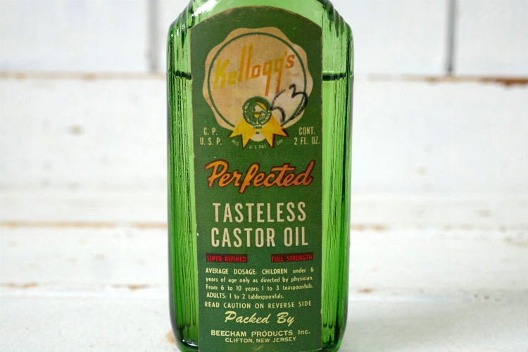 KELLOGG'S TASTELESS CASTOR OIL キャスターオイル グリーン ヴィンテージ ガラスボトル ガラス瓶 ノスタルジック レトロ USA
