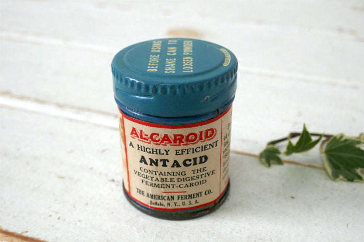 Al-Caroid Antacid The American Ferment Co ターコイズブルー ティン製 ヴィンテージ 薬缶 ティン缶 USA