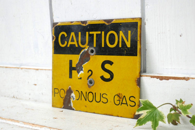 CAUTION H2S 警告 危険 イエロー×ブラック インダストリアル ヴィンテージ ホーロー サイン 看板 USA